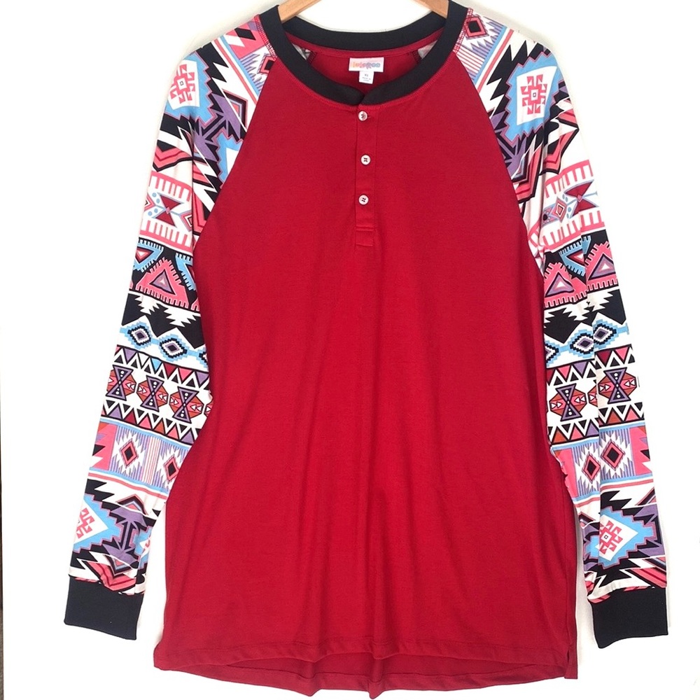 (A53) NEW LuLaroe Mark long-sleeve with Aztec printed sleeves‎ Tee, Sz XL, NWOT
